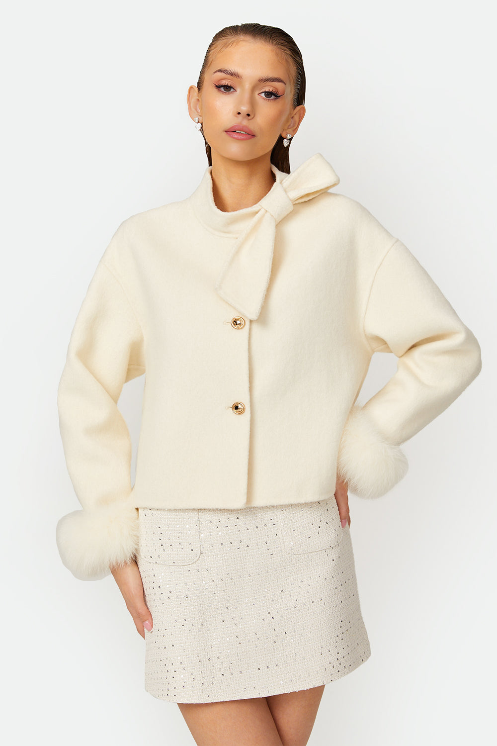 Ariana white bowknot fur jacket