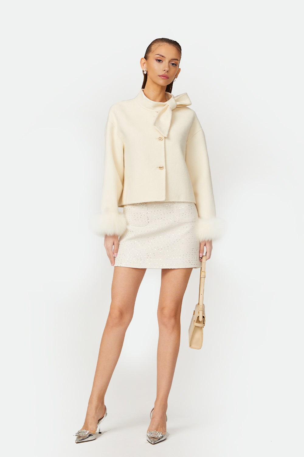 Ariana white bowknot fur jacket