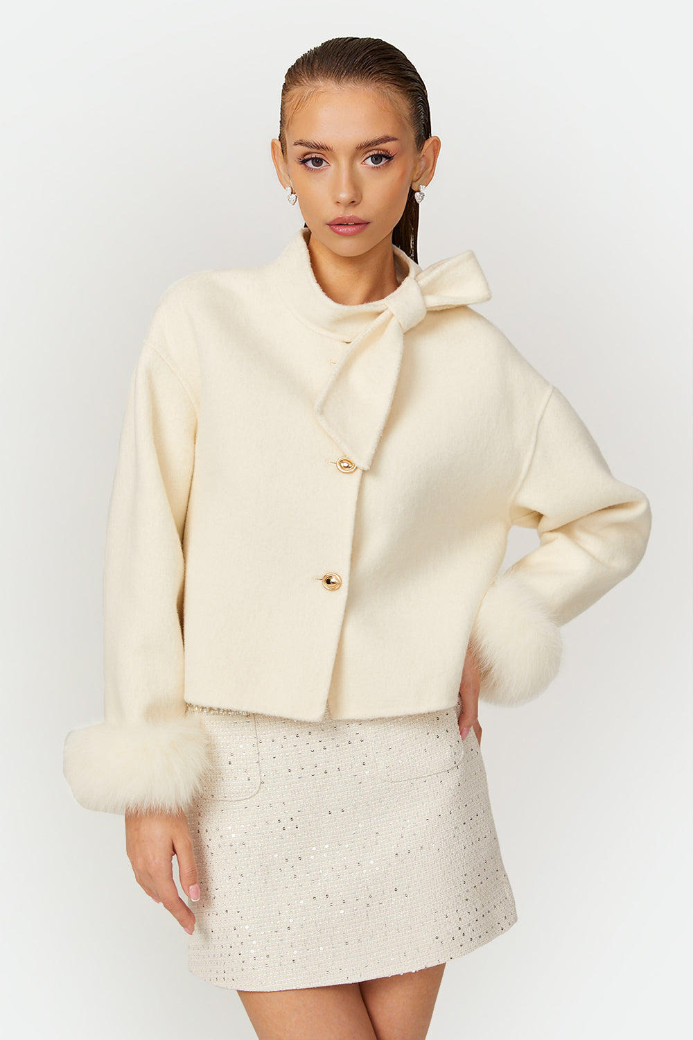 Ariana white bowknot fur jacket