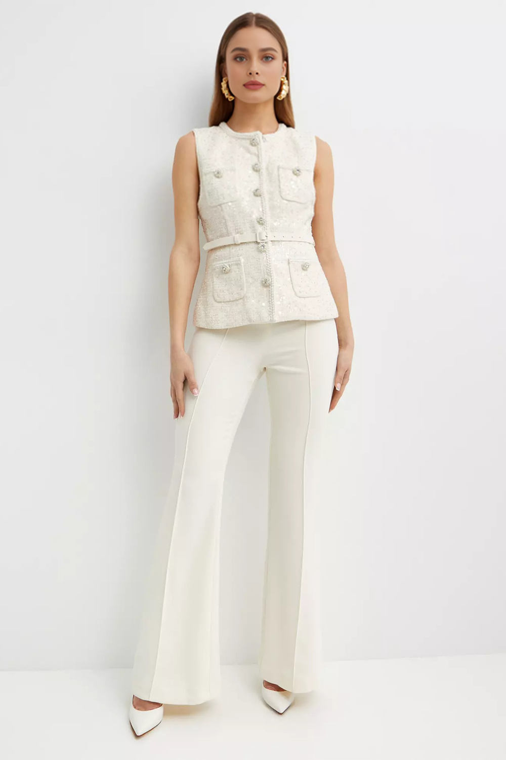 Karlie White belted embellished tweed vest top