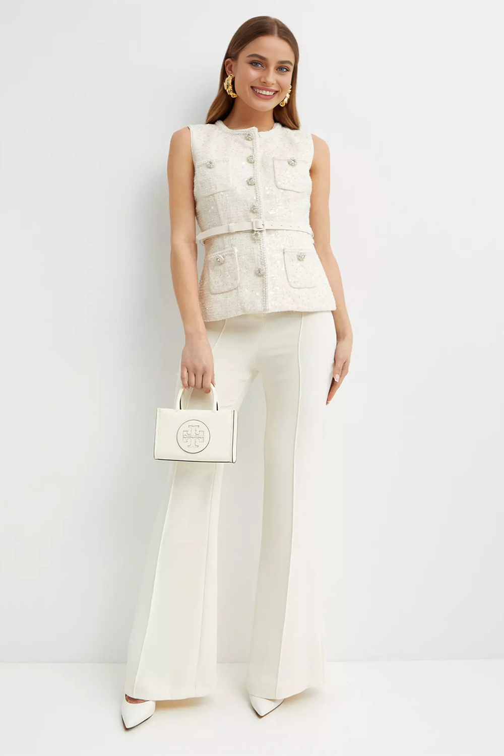 Karlie White belted embellished tweed vest top